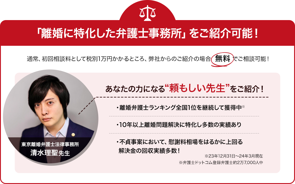 離婚に特化した弁護士事務所をご紹介可能！通常初回相談料税別1万円かかるところ、弊社からのご紹介の場合、無料でご相談！ あなたの力になる頼もしい先生をご紹介！ ・離婚弁護士ランキング全国１位を継続獲得※23年12月31日〜24年3月現在 ※弁護士ドットコム登録弁護士約2万7,000人中 ・10年以上離婚問題解決に特化し多数の実績 ・不貞事案において慰謝料相場をはるかに上回る解決金の回収実績多数！